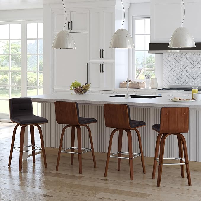 Armen Living Vienna 26" Swivel Counter Stool in Walnut Wood Finish with Brown Faux Leather - Set of 2
