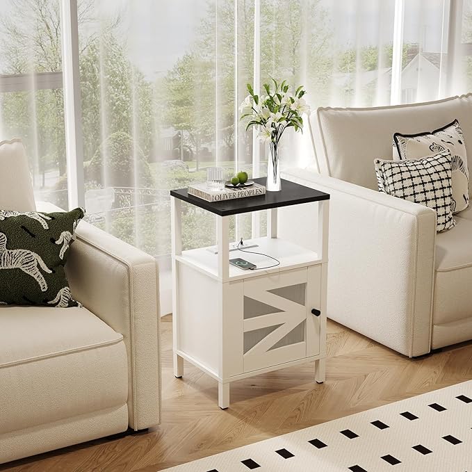 Farmhouse Nightstand with Charging Station, White Bedside Table with USB&Type-C Ports and Outlets, End Table with Storage, Side Table Night Stand for Bedroom, White and Black ETBW97E01