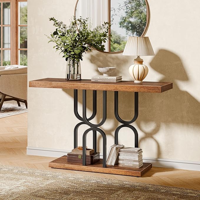 Huuger 47.2 Inch Entryway Table, Industrial Console Sofa Table, Narrow Accent Table, for Entry, Hallway, Entrance, Foyer, U-Shaped Metal Base, Rusitc Brown