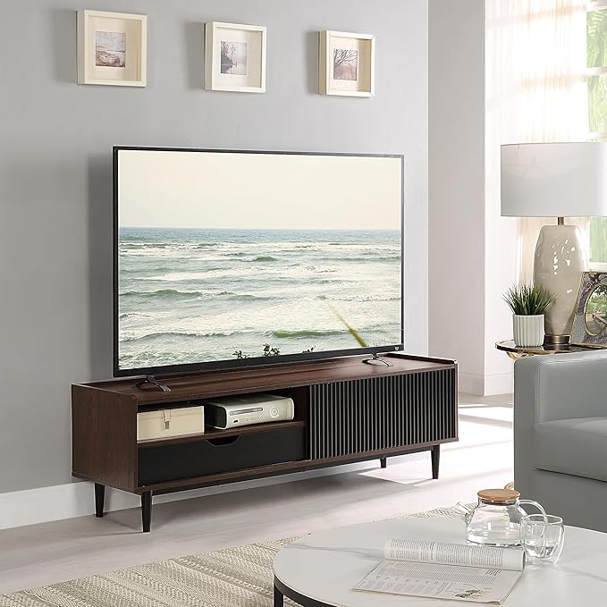 Manhattan Comfort Duane Modern Ribbed 55 Inch TV Stand with 1 Drawer, 2 Shelves, Sliding Door, and Wire Management, Mid-Century Style Entertainment Center and Media Console for Living Room, Black
