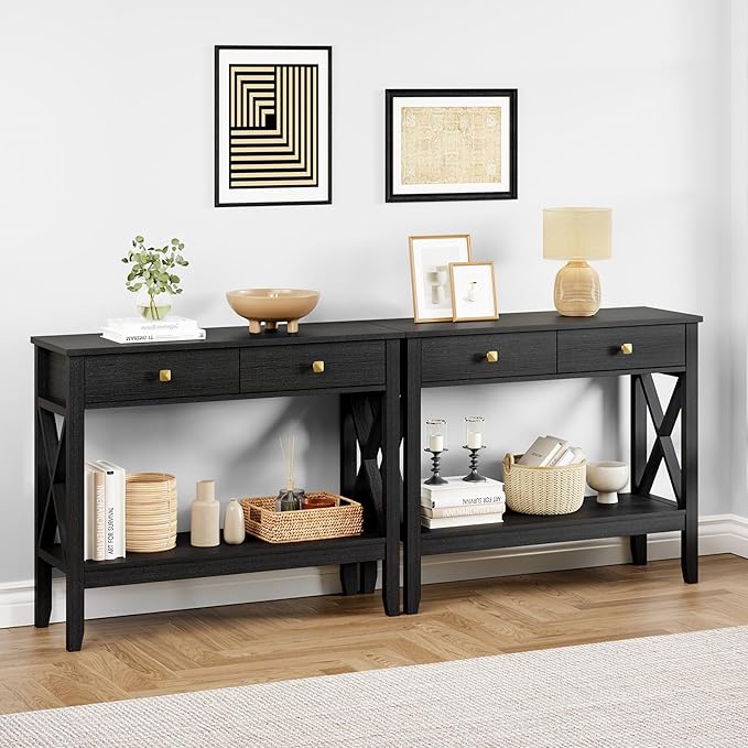 Console Table,Sofa Table 13.8" D x 39.37" W x 31.5" HEntryway Table with 2 Drawers Storage Shelve Foyer Table for Entryway Farmhouse Hallway Tables (Black)