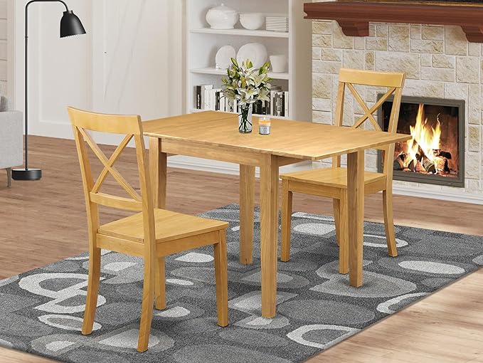 East West Furniture NDBO3-OAK-W 3 Piece Dining Room Table Set Contains a Rectangle Dining Table with Dropleaf and 2 Wood Seat Chairs, 30x48 Inch, Oak
