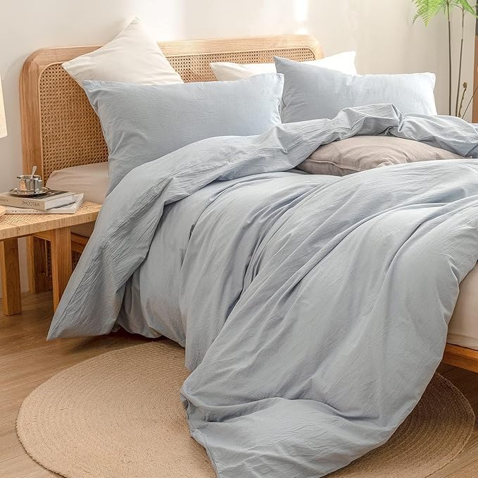 BESTOUCH Duvet Cover Set 100% Washed Cotton Linen Feel Super Soft Comfortable Chic Lightweight 3 PCs Home Bedding Set Solid Cornflower Blue Oversized Full