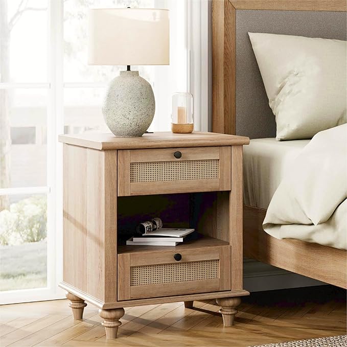 WAMPAT Rattan Nightstand Side Table with Charging Station, Light Wood End Table with 2 Drawers for Living Room, Rustic Farmhouse Night Stand Bedside Table for Bedroom, Oak