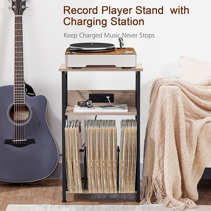 AMHANCIBLE Record Player Stand with Charging Station, Turntable Stand with Storage Cabinet, 3 Tier End Table Hold Up to 100 Albums, Record Stand for Vinyl, Living Room, Greige, HETCD01GY-1
