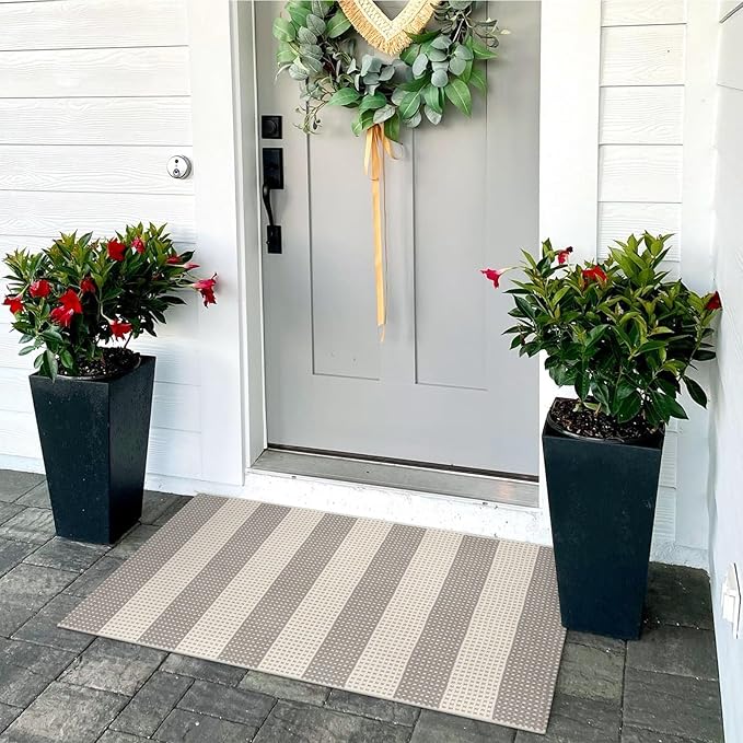 OJIA Fall Front Door Mat Outdoor Entrance 24"x36", Machine Washable Porch Rug Indoor Outdoor Rugs Halloween Doormat Cotton Woven Entryway Rug Striped Small Area Rugs for Kitchen (Gray/White/Tan)