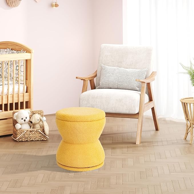 Ottoman with Storage, 360° Swivel Boucle Ottoman Vanity Stool, Upholstered Footstool with Storage Removable Lid, Modern Round Boucle Footrest Coffee Table for Living Room, Dorm, Makeup Room, Yellow