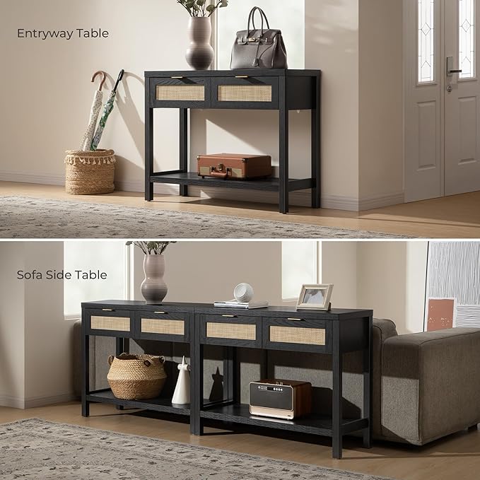 SICOTAS Black Console Table Set of 2 - Boho Entryway Table with Rattan Drawers, 2 Tier Shelf, Narrow Long Sofa Tables for Living Room, Entry Table for Hallway, Foyer