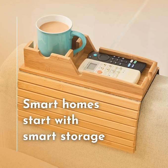 Couch Cup Holder Tray - Portable Sofa Arm Tray Table - Anti-Spill Armchair Caddy Couch Arm Table Snack Organizer with Removable Tray - Remote Control Holder Perfect for Cups, Snacks, Phone