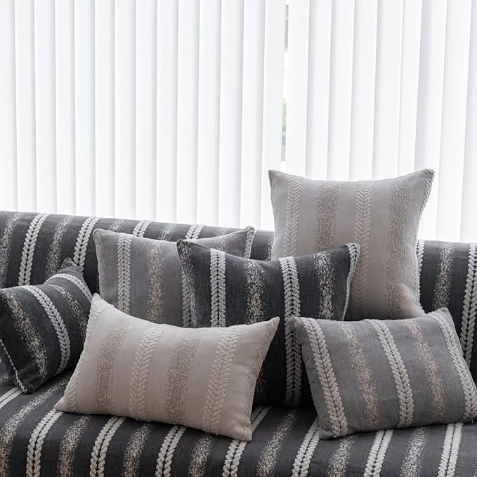 Pack of 1 Decorative Throw Pillow Covers 12x20 Inch, Pillow Cases for Living Room Couch Bedroom Farmhouse Home Decor, Soft Stripe Chenille Cushion Covers for Sofa Grey,12''x20''