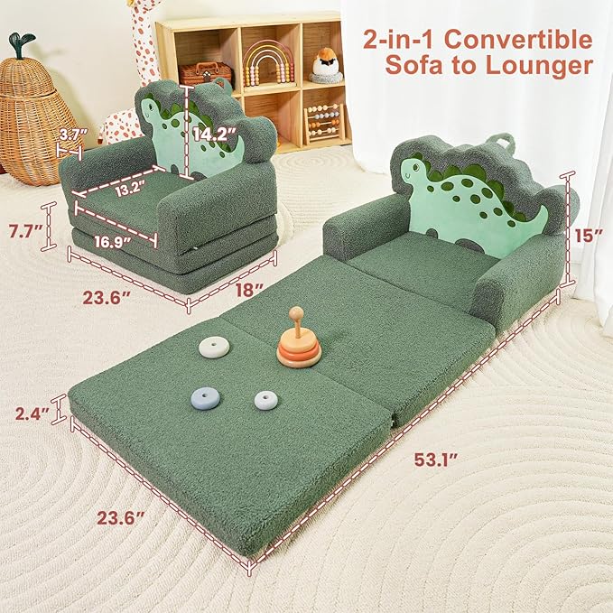 TinyPalsa Kids Couch, Convertible Sofa to Lounger Fold Out, Green Dinosaur Design Chair for Toddlers 1-3, Gift for Movie Night, Camping, and Napping