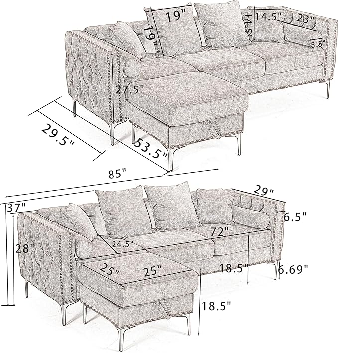Ball & Cast 85" L Shaped Sectional Sofa with Storage Ottoman, Morden 3 Seater Tufted Couch with Nailhead Trim and Metal Legs for Living Room, Apartment, Office, Blue