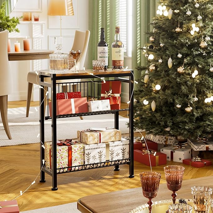 Narrow Side Table for Small Space, 3-Tier End Table with Magazine Holder,Slim Nightstand with Wire Shelf, Skinny Bedside Table in Living Room, Bedroom, Study, Kitchen and Balcony (Rustic Brown)
