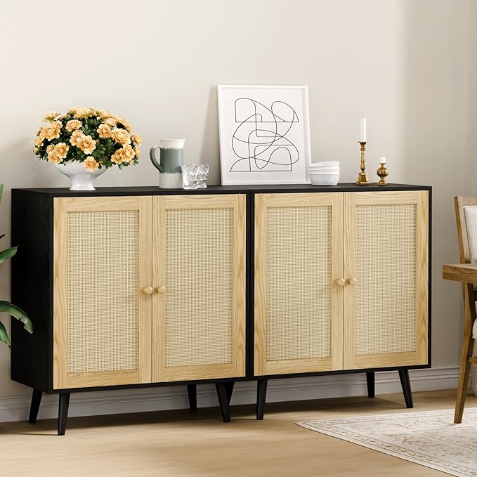 Set of 2 Rattan Sideboard Buffet Cabinets, Accent Cabinets with Adjustable Shelves & Rattan Doors, Ideal for Kitchen & Entryway Storage, Black