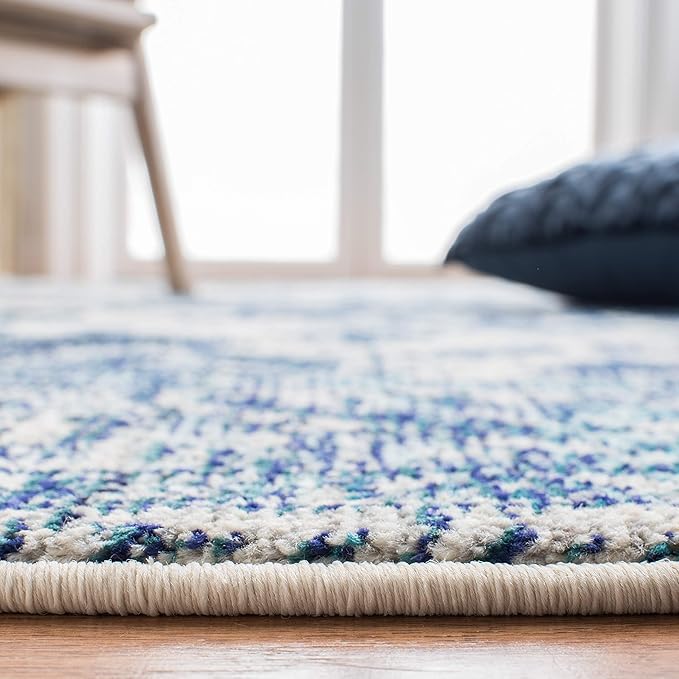 SAFAVIEH Monaco Collection Area Rug - 6'7" Square, Ivory & Blue, Boho Chic Medallion Distressed Design, Non-Shedding & Easy Care, Ideal for High Traffic Areas in Living Room, Bedroom (MNC243A)