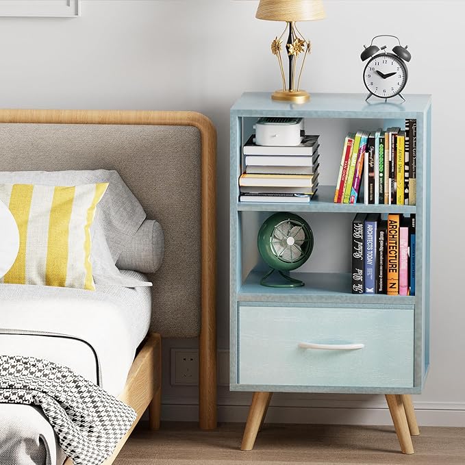 Night Stand, Blue Kids Nightstand with Drawer, Nursery Side Table with Open Storage, 3-Tier Modern End Table, Bedside Table for Small Space, Living Room, Bedroom