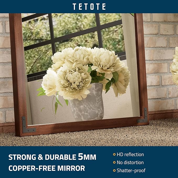 TETOTE 48 x 36 Walnut Wood Framed Mirror for Bathroom Wall/Bedroom/Living Room/Entryway Farmhouse Rustic Bathroom Vanity Mirror for Wall Waterproof (Horizontal/Vertical Mounted)
