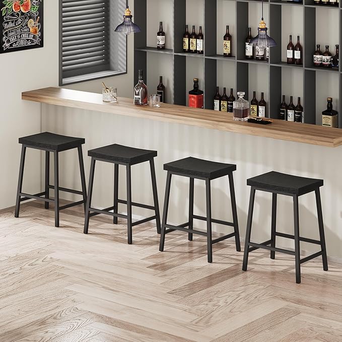 Bar Stools, Counter Height Bar Stools Set of 2, 23.7 Inch Saddle Stools with Footrest, Kitchen Stools, Industrial Style, for Dining Room, Counter, Bar, Black BABK0801