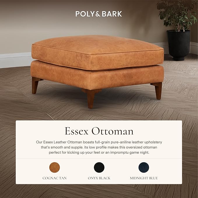 POLY & BARK Essex Ottoman - 35” Large with Feather-Down Topper - Full-Grain Leather Upholstered Ottoman - Couch for Living Room - Vintage Italian Leather in Cognac Tan