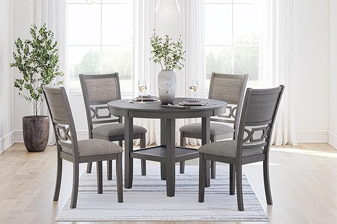 Signature Design by Ashley Wrenning Modern Diamond Patterned Counter Height Dining Table and 4 Upholstered Bar Stools with 2 Shelves, Set of 5, Gray & Light Gray