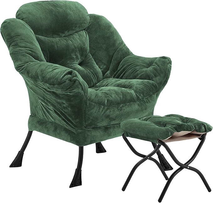 Lazy Chair with Folding Ottoman, Accent Chair Plush Upholstered with Metal Structure and Non-Slip Pads, Sofa Armchair with Footrest and Side Storage Bag for Dorm, Room, Office, Green