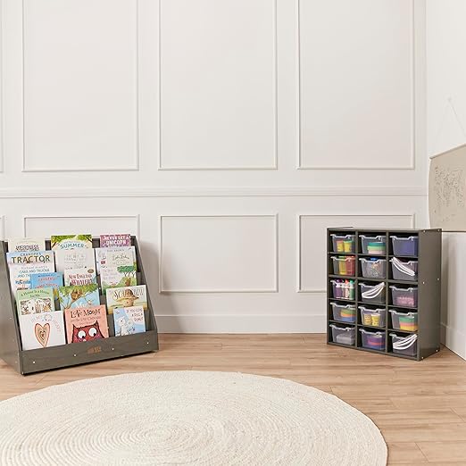 ECR4Kids Streamline 15 Cubby Tray Storage Cabinet, 5x3, Classroom Furniture, Grey Wash