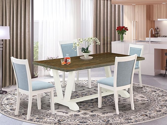 East West Furniture V077MZ015-5 5 Piece Dining Set Includes a Rectangle Dining Room Table with V-Legs and 4 Baby Blue Linen Fabric Upholstered Parson Chairs, 40x72 Inch, Multi-Color