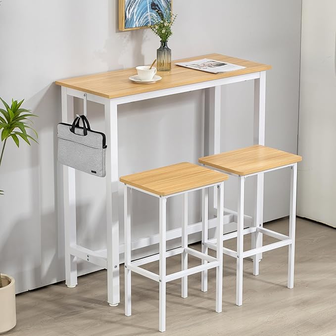 Finnhomy Bar Table Set, 39.3" Pub Table High Top Table, Rectangular Bar Height Table, Bar Table with Stools, Kitchen Table Set for 2, Breakfast for Kitchen, Living Room, Oak Beige and White