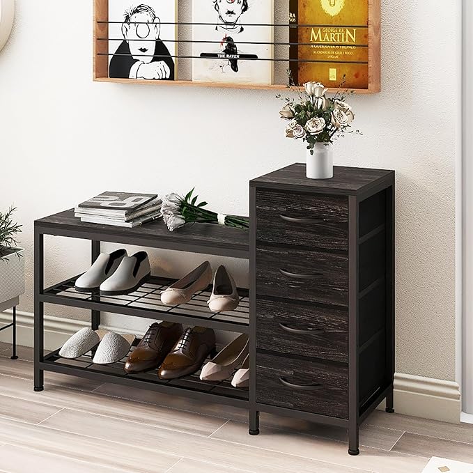 EXOTICA 3 Tier Entryway Bench Shoe Storage Bench with 4 Fabric Drawers Metal Frame and Wooden Board Shoe Rack Bench with Seat for Entryway Hallway Front Door Doorway
