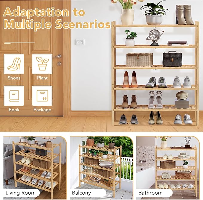 Haddockway 5 Tier Bamboo Shoe Rack Storage Organizer, Multifunctional Free Standing Stackable Shoe Shelf with Grid Panel for Closet,Hallway,Entryway,Small Space 27"x11"x32" (Natural, 5 Tier)