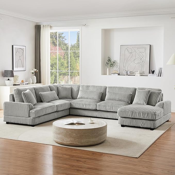 129" Oversized U Shaped Modular Sectional Sofa Couch for Living Room 7 Seater Plush Corduroy Upholstered Large Sofa Deep Seat Cloud Couch with Extra Wide Chaise Lounge and Detachable Thick Cushions