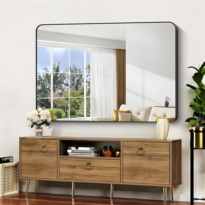 Bathroom Mirror, 55x36 inch Black Rectangle Wall Mirror, Metal Frame Rounded Corner Vanity Mirror, Large Wall Mounted Mirrors for Over Sink Bedroom Living Room Horizontal Or Vertical Mounting
