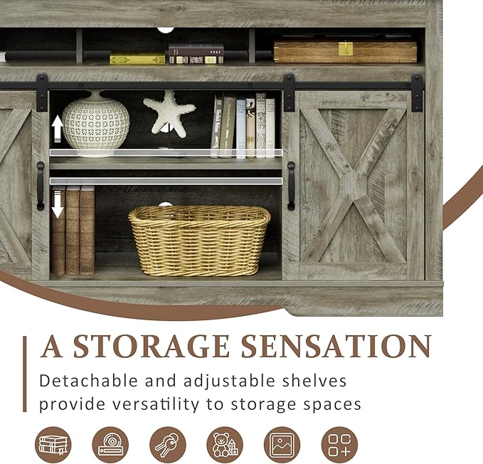 RoyalCraft Farmhouse TV Stand with Sliding Barn Door for TVs up to 65+ Inch, 34" Tall Entertainment Center, Wood Media Console Storage Cabinet for Bedroom, Living Room, Light Grey