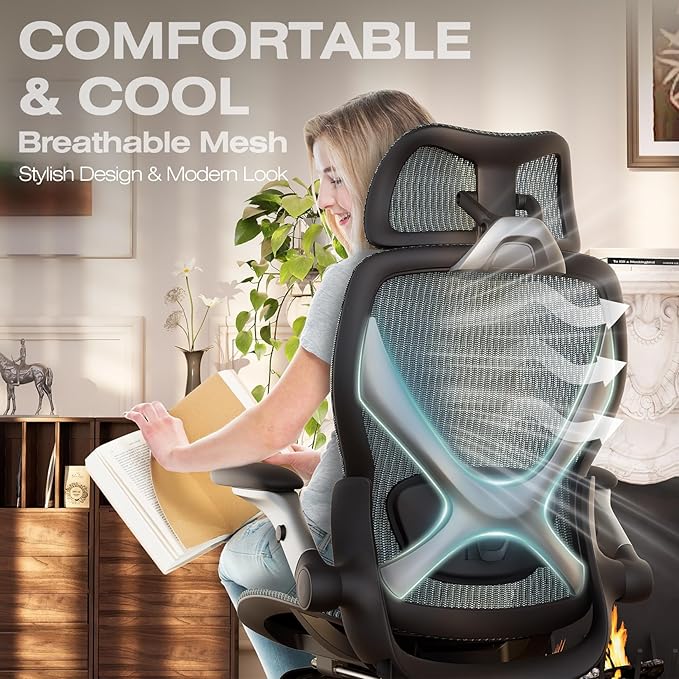 ELABEST X100 Ergonomic Office Chair with Footrest, Big and Tall Home Desk Chair with 5D Flip-Up Arms, Adjustable 3D Lumbar Support,High Back Rolling Computer Chair, Swivel Mesh Chairs (Forest Ranger)