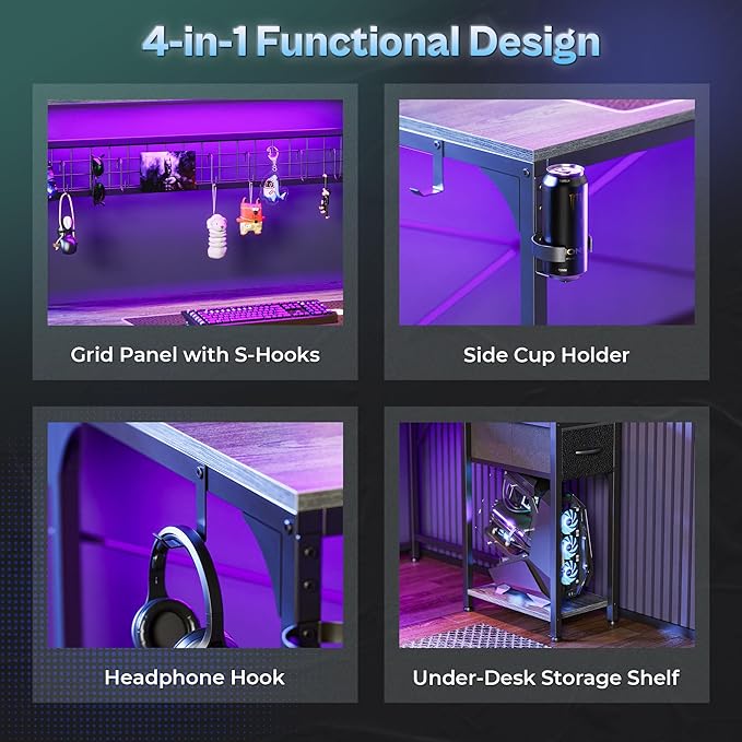 PRAISUN L Shaped Gaming Desk with Shelves, Corner Computer Table with LED Lights, Power Outlets and USB-C Ports, 50 Inch Reversible Home Office Desk with Storage Drawer, for Work and Study, Grey