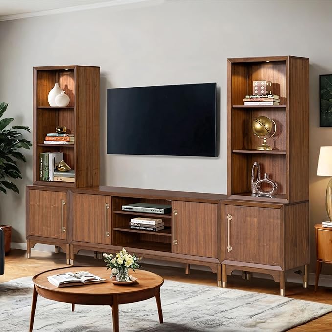 Furniture of America Forma Mid-Century Modern 5-Piece 118-inch Entertainment Center with Storage Piers, Cabinets and 5 Cable Holes, TV Stand for Living Room, Bedroom, Guest Room, Walnut