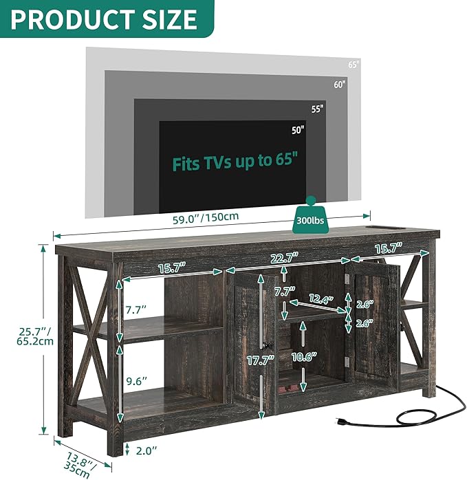 YITAHOME TV Stands for Living Room, Modern Entertainment Center with Power Outlet for Television up to 65 Inch, Farmhouse Media Console TV Cabinet with Adjustable Shelf & Open Shelves, Dark Rustic Oak