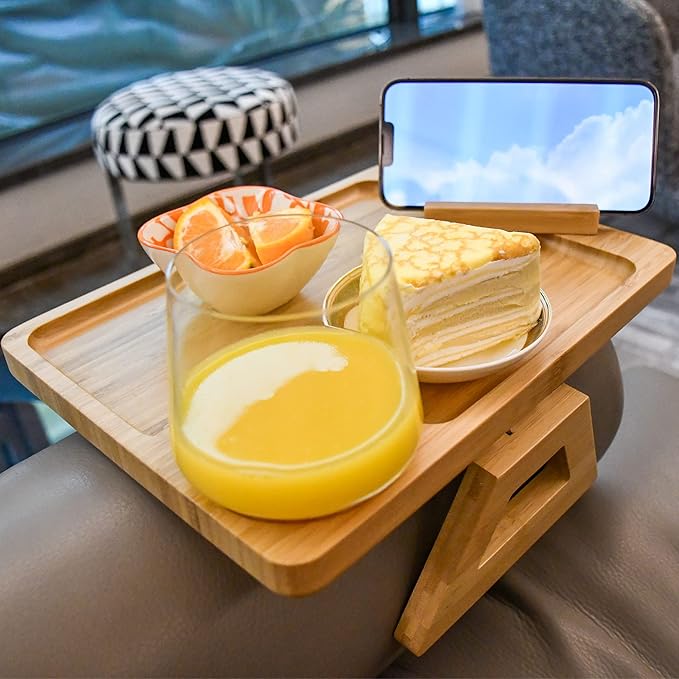 Couch Arm Tray Table Clip on Sofa, Armrest TV Tray Table with 360° Rotating Phone Holder, Solid Bamboo Side Table for Wide Couches Arm, Gift for Mom Dad or Friends