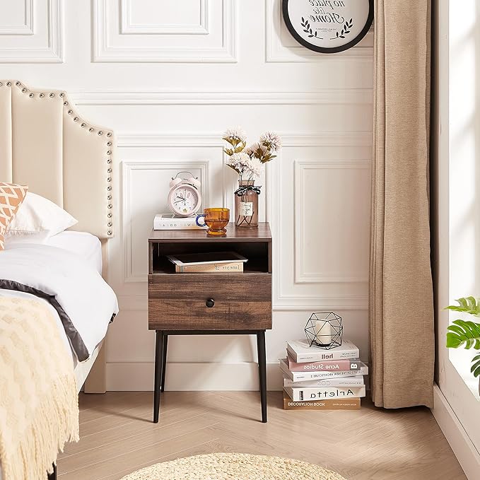 VECELO 2-Tier Nightstands Bedside Table with Storage Drawer and Open Wood Shelf, End Table for Living Room, Bedroom and Small Spaces, Night Stand with Metal Legs, Easy Assembly