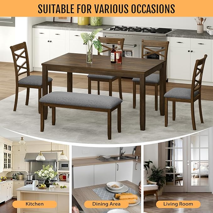 6-Piece Solid Wood Dining Table Set, Includes 1 Dining Table, 4 Upholstered Chairs and 1 Bench, Wooden Legs Dining Table Set for Dining Room, Kitchen, Restaurant, Walnut