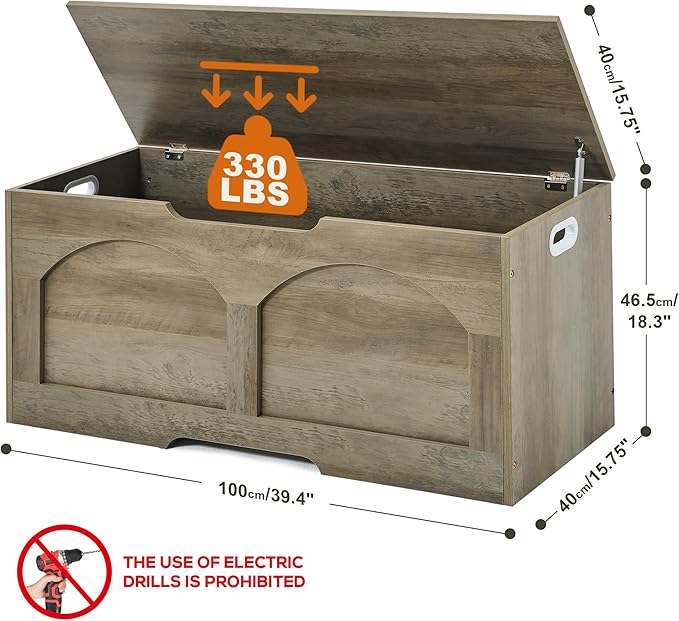 Storage Bench, 39.4" Retro Wooden Storage Chest Trunk, Large Toy Chest with Lift Top, Toy Box U-Shaped Opening, 39.4" x 15.7" x 18.3", Supports 330 lb, Entryway Bench for Living Room, Grey