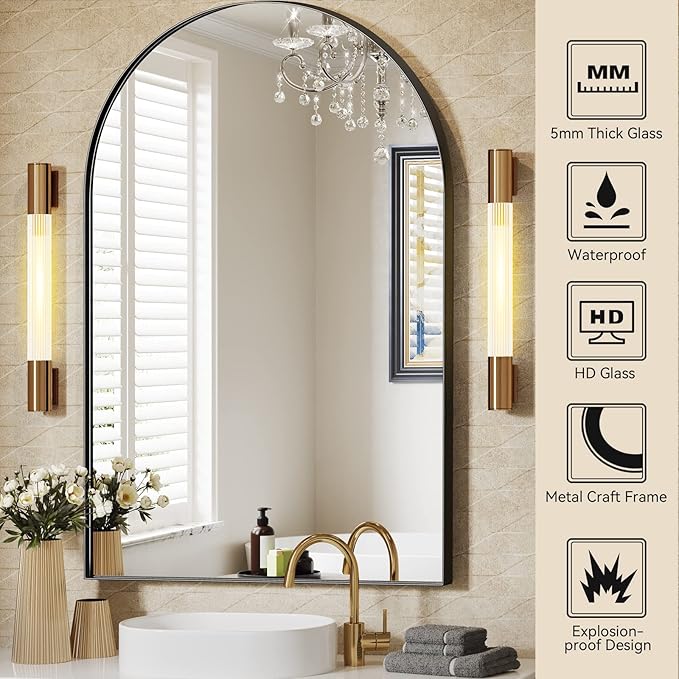 Brightify Arched Mirror, Arched Wall Mirror, 22 x 30 Inch Black Arch Mirror, Metal Frame Black Bathroom Mirror, Arched Top Bathroom Vanity Mirror for Living Room Bedroom Mantel Entryway Hallways