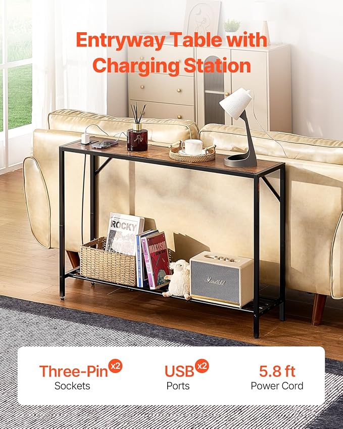 VEVOR Narrow Console Table, 41.7" Behind Couch Shelf with Power Outlets, 2-Tier Long Entryway Shelf, Sofa Table with Metal Frame and Charge Station, for Entryway, Hallway, Living Room