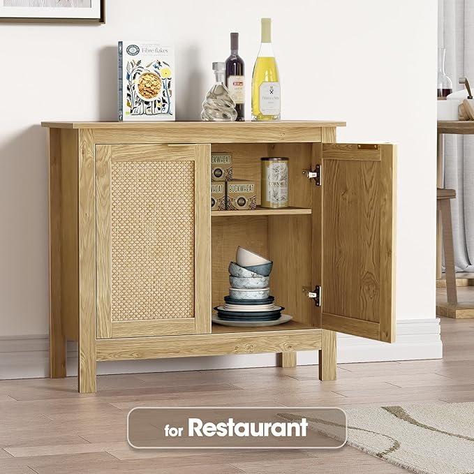 Giluta Sideboard Buffet Cabinet, Farmhouse Kitchen Cabinets with 2 Rattan Doors, 30''H Boho Cabinet for Entryway
