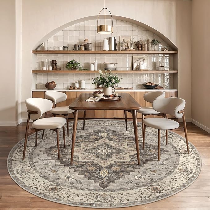 Tangsoo Vintage Round Rug 5ft, Washable Circle Rug, Non Slip Boho Round Area Rug, Low Pile Circular Rugs, Round Carpet for Bedroom,Livingroom,Nursery,Dorm,Office,Brown/Grey