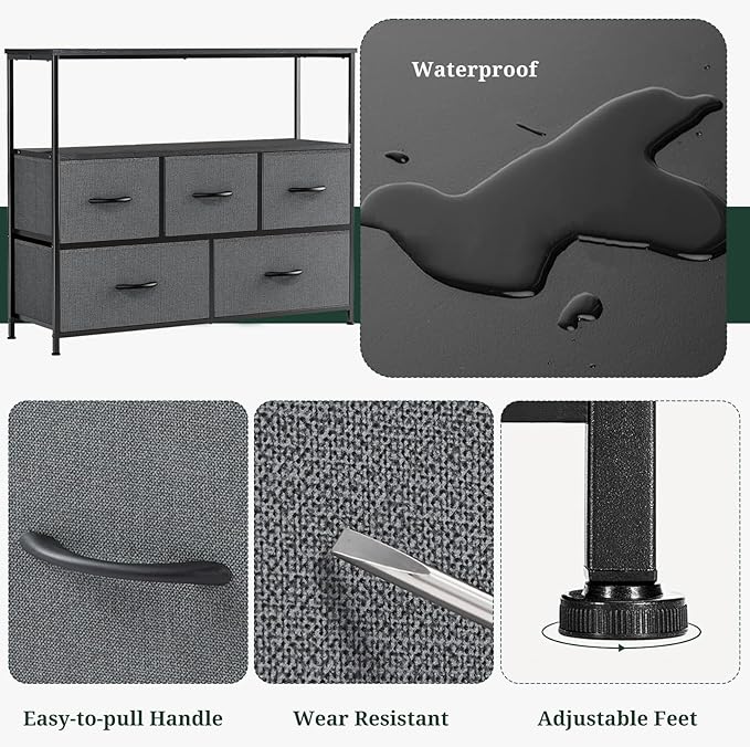 TV Stand, 5 Fabric Drawers Dresser Entertainment Center for TV up to 45 inch Wooden Media Console Table Storage Organizer with Open Shelf, for Living Room, Bedroom, or Small Space, Gray