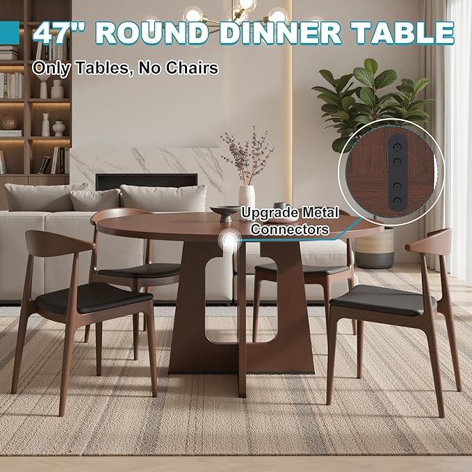 47" Round Dining Table for 4-6, Modern Small Dinner Table Farmhouse Round Kitchen Tables with Wood Grain Finish for Dining Room, Kitchen, Living Room, Walnut Brown