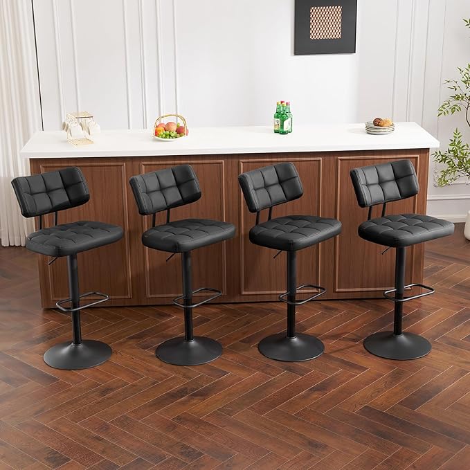 Furniliving Modern Bar Stools Set of 2 Faux Leather, Upholstered Swivel Barstools with Back, Adjustable Bar Chairs Counter Height for Kitchen Island, Dining Space, Black