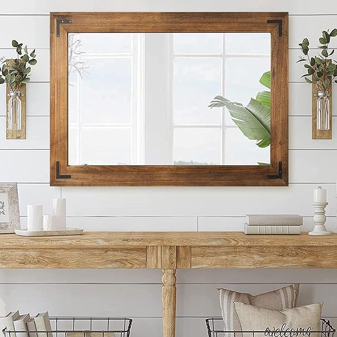 YOSHOOT Rustic Wooden Framed Wall Mirror, Natural Wood Bathroom Vanity Mirror for Farmhouse Decor, Vertical or Horizontal Hanging, 53" x 28", Brown