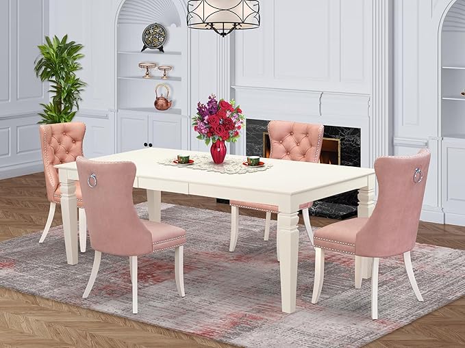 East West Furniture LGDA5-LWH-23 5 Piece Dining Set Contains a Rectangle Kitchen Table with Butterfly Leaf and 4 Polyester Fabric Upholstered Chairs, linen white